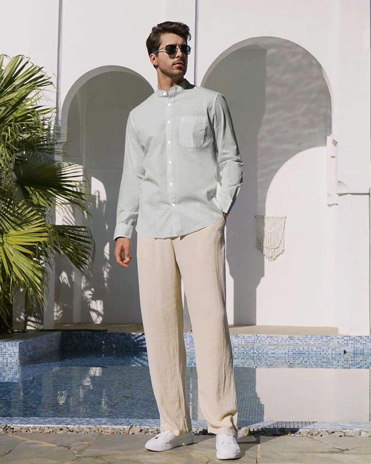 imageAlimens amp Gentle Mens Cotton Linen Shirts Long Sleeve Button Down Shirt Band Collar Beach ShirtsGrey