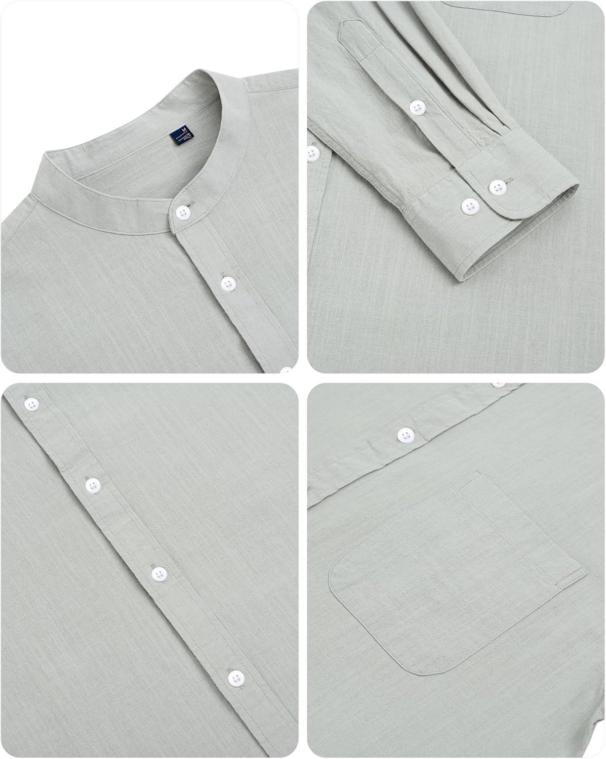 imageAlimens amp Gentle Mens Cotton Linen Shirts Long Sleeve Button Down Shirt Band Collar Beach ShirtsGrey