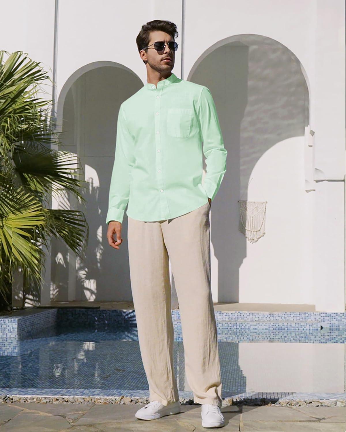 imageAlimens amp Gentle Mens Cotton Linen Shirts Long Sleeve Button Down Shirt Band Collar Beach ShirtsMint