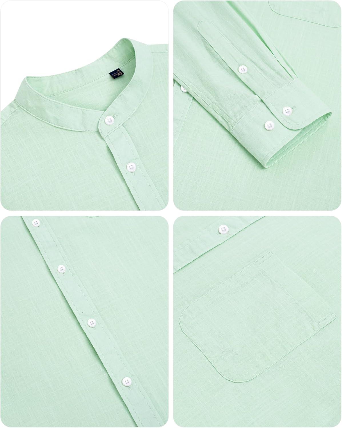 imageAlimens amp Gentle Mens Cotton Linen Shirts Long Sleeve Button Down Shirt Band Collar Beach ShirtsMint