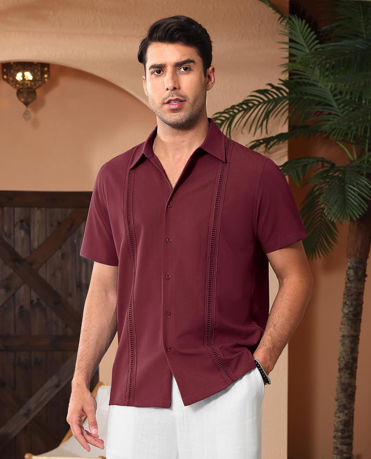 imageAlimens amp Gentle Mens Cuban Guayabera Shirts Short Sleeve Button Down Shirts for Men Summer Beach WeddingBurgundy