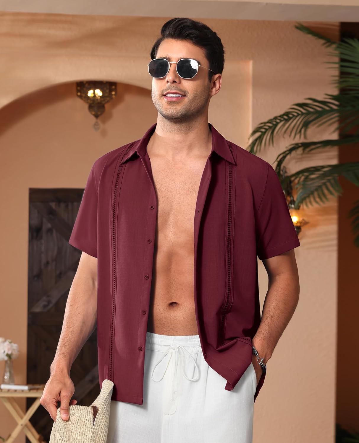 imageAlimens amp Gentle Mens Cuban Guayabera Shirts Short Sleeve Button Down Shirts for Men Summer Beach WeddingBurgundy