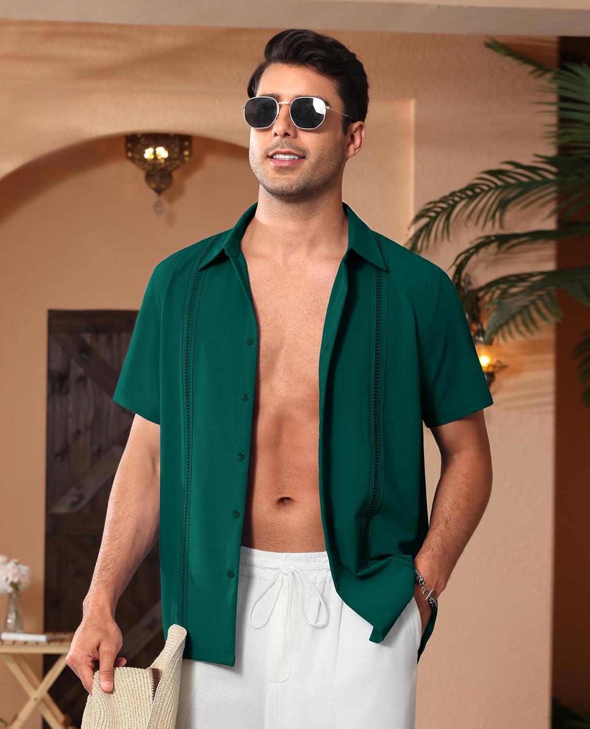 imageAlimens amp Gentle Mens Cuban Guayabera Shirts Short Sleeve Button Down Shirts for Men Summer Beach WeddingDark Green