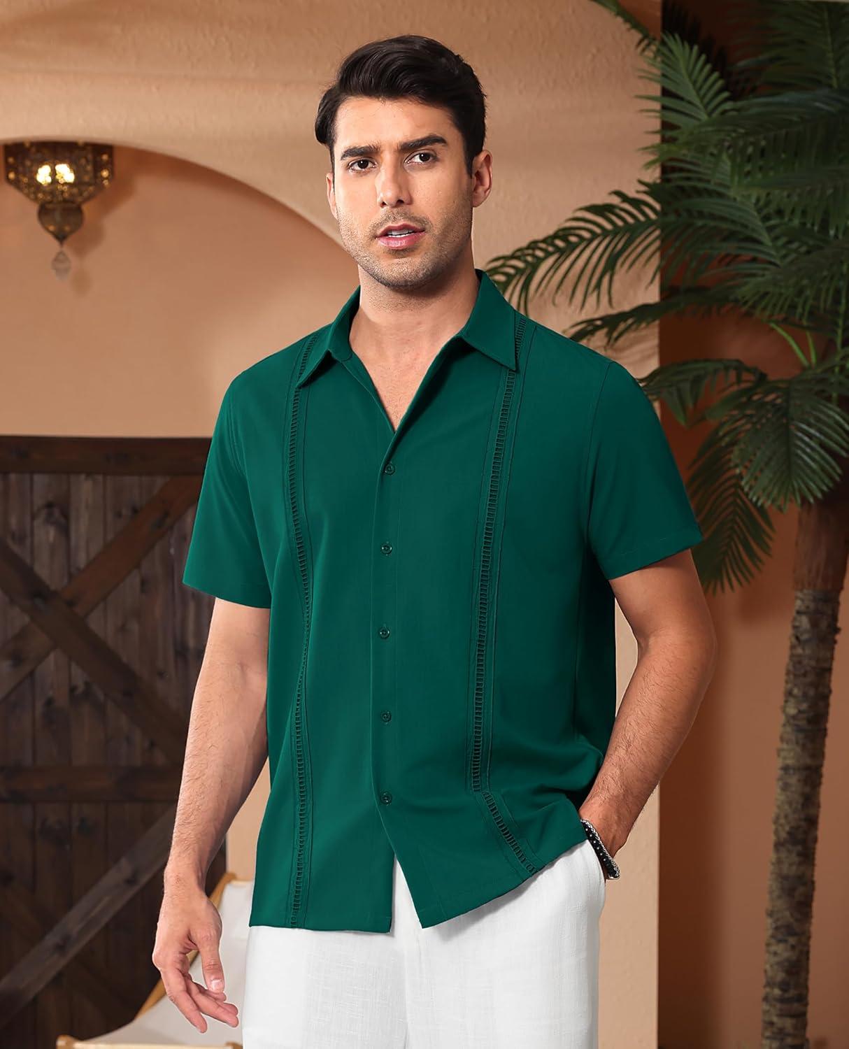imageAlimens amp Gentle Mens Cuban Guayabera Shirts Short Sleeve Button Down Shirts for Men Summer Beach WeddingDark Green