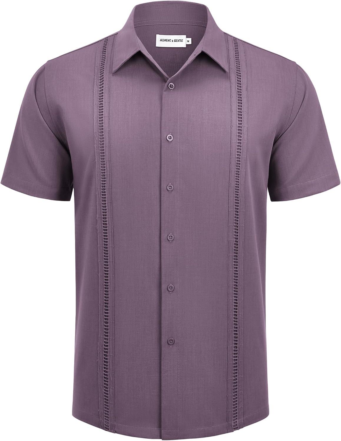 imageAlimens amp Gentle Mens Cuban Guayabera Shirts Short Sleeve Button Down Shirts for Men Summer Beach WeddingDark Purple