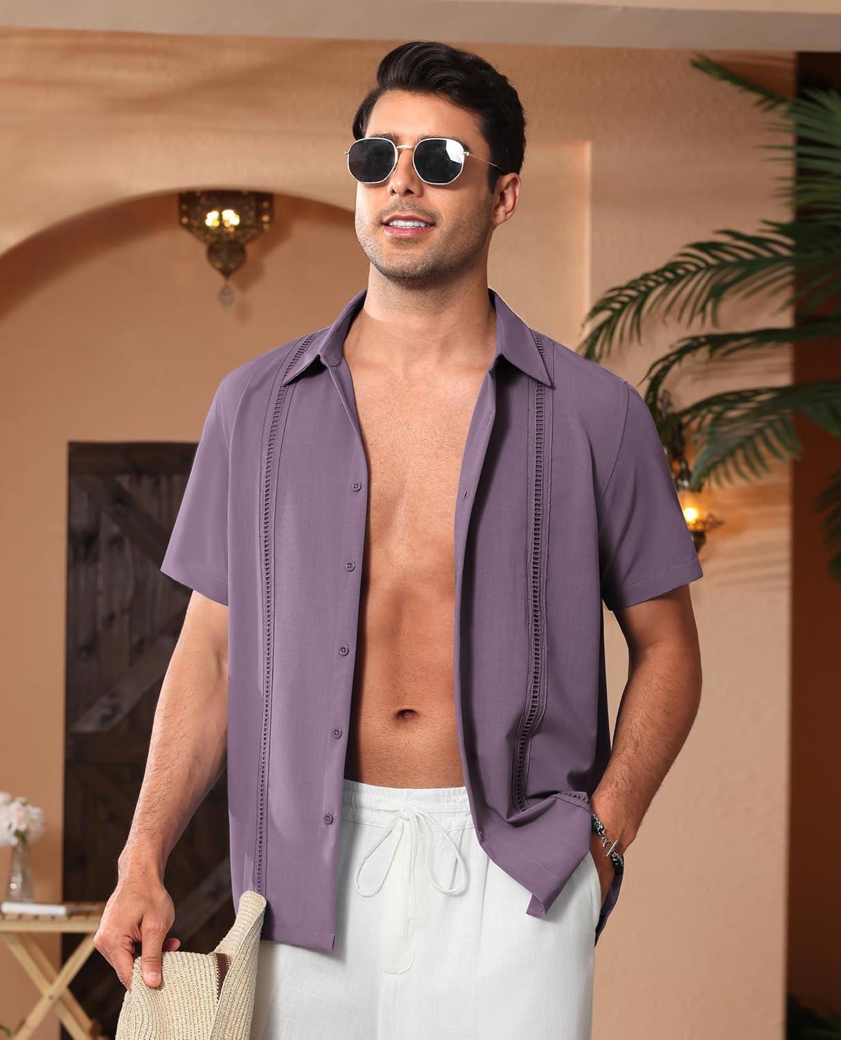 imageAlimens amp Gentle Mens Cuban Guayabera Shirts Short Sleeve Button Down Shirts for Men Summer Beach WeddingDark Purple