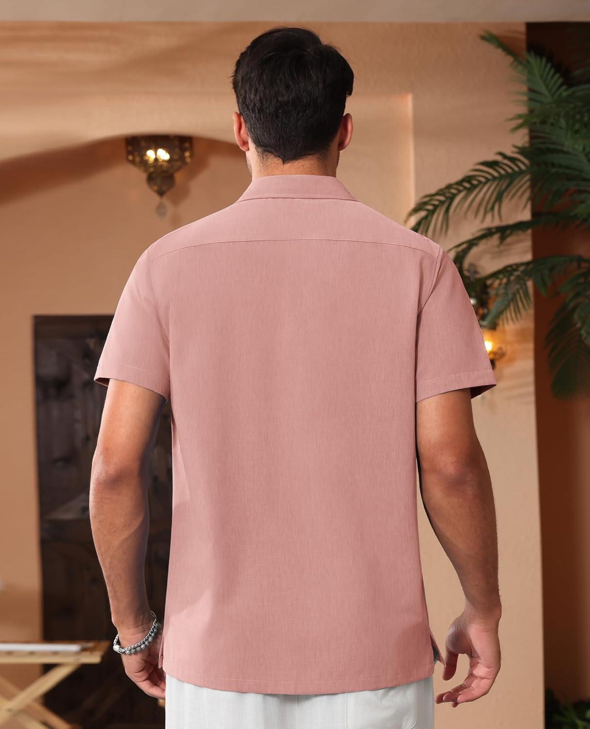 imageAlimens amp Gentle Mens Cuban Guayabera Shirts Short Sleeve Button Down Shirts for Men Summer Beach WeddingDeep Pink