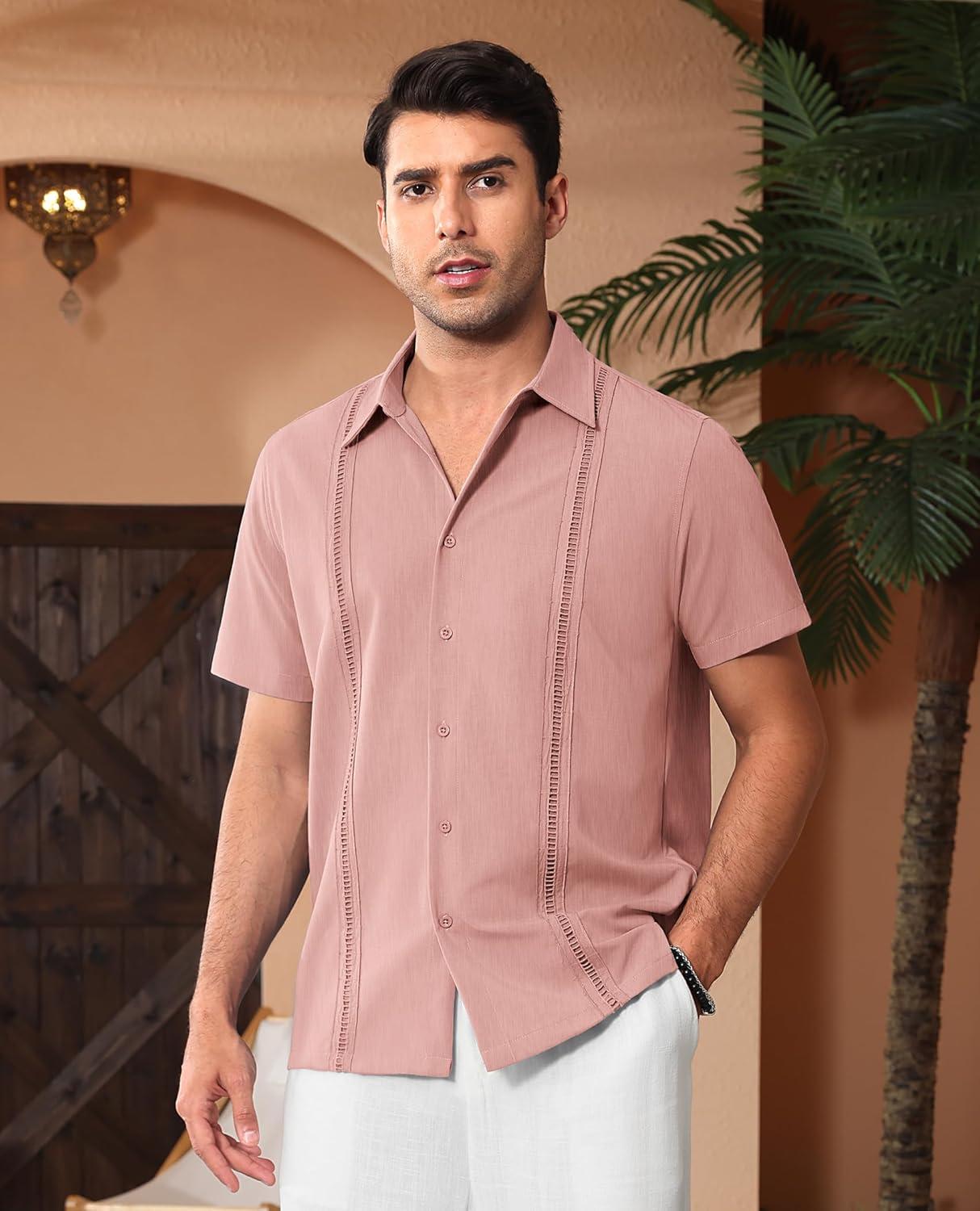 imageAlimens amp Gentle Mens Cuban Guayabera Shirts Short Sleeve Button Down Shirts for Men Summer Beach WeddingDeep Pink