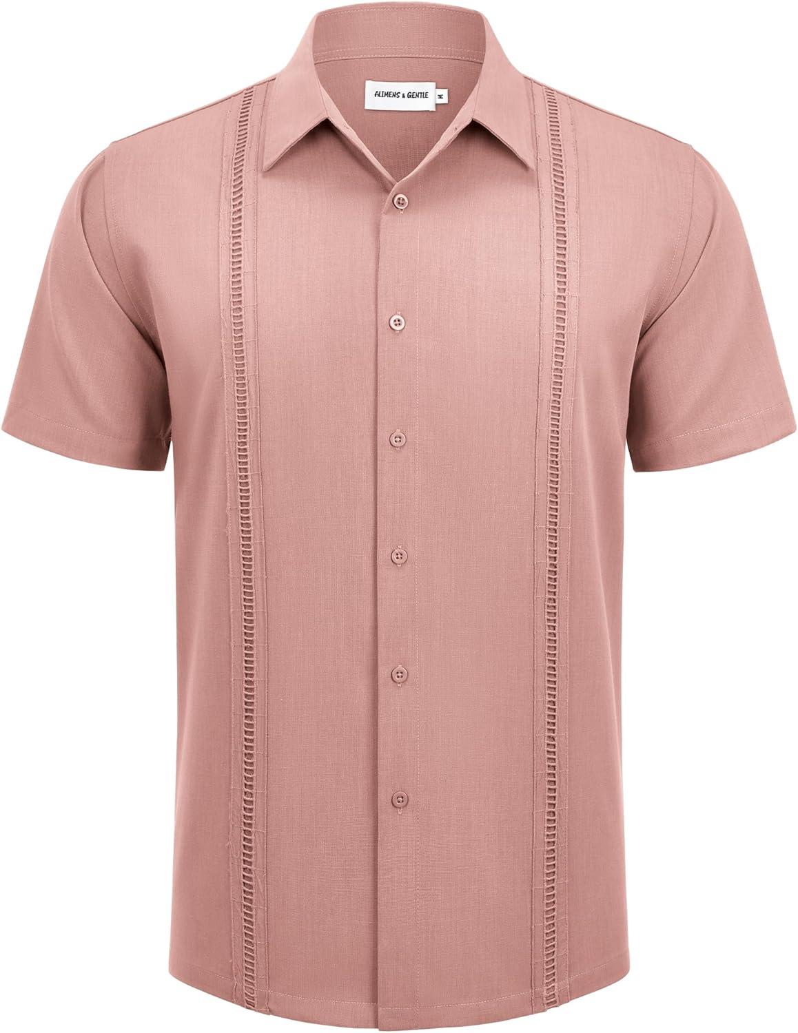 imageAlimens amp Gentle Mens Cuban Guayabera Shirts Short Sleeve Button Down Shirts for Men Summer Beach WeddingDeep Pink