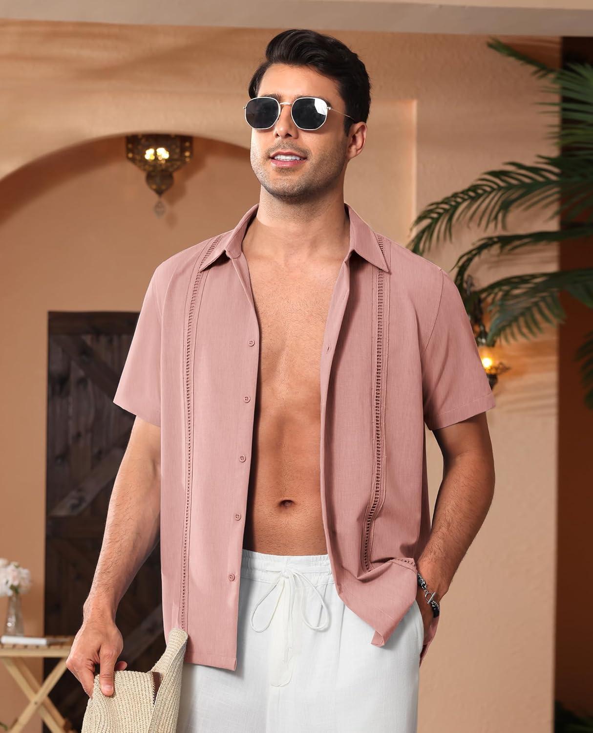imageAlimens amp Gentle Mens Cuban Guayabera Shirts Short Sleeve Button Down Shirts for Men Summer Beach WeddingDeep Pink