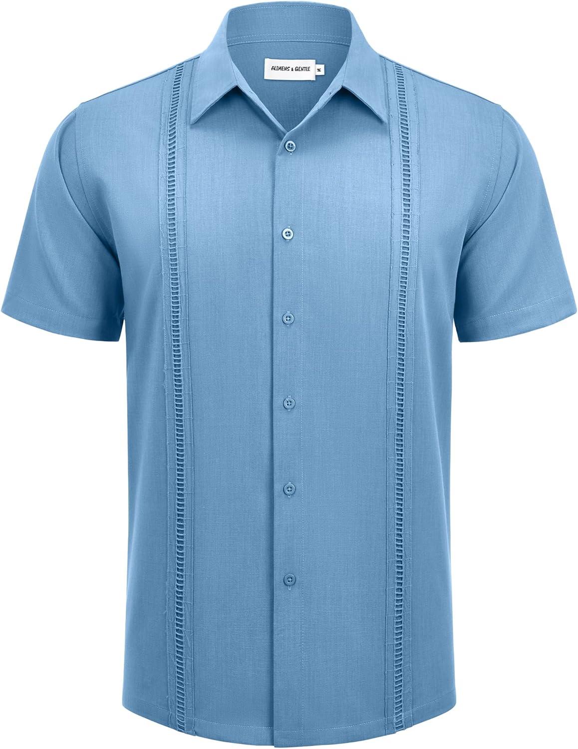 imageAlimens amp Gentle Mens Cuban Guayabera Shirts Short Sleeve Button Down Shirts for Men Summer Beach WeddingDenim Blue