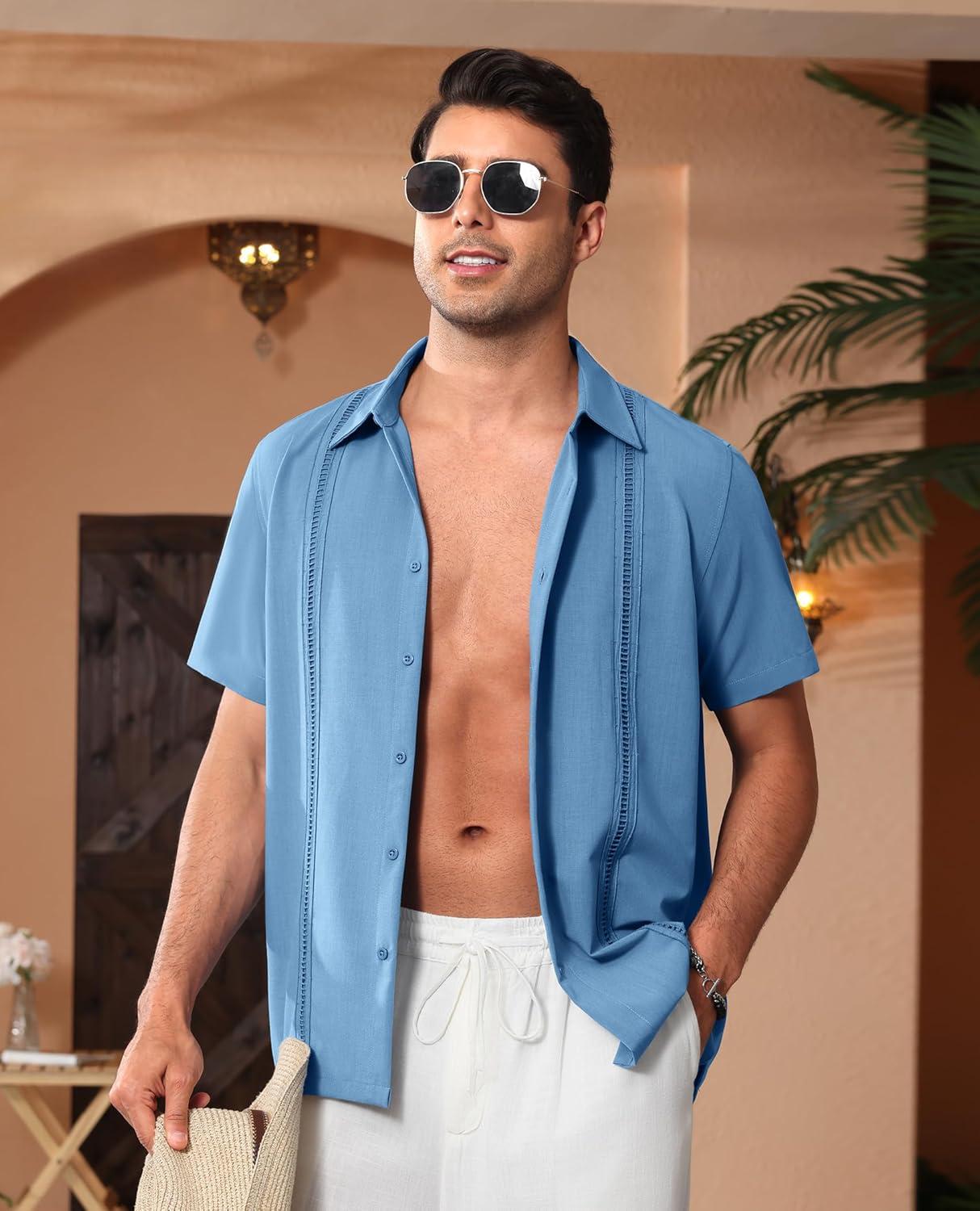imageAlimens amp Gentle Mens Cuban Guayabera Shirts Short Sleeve Button Down Shirts for Men Summer Beach WeddingDenim Blue