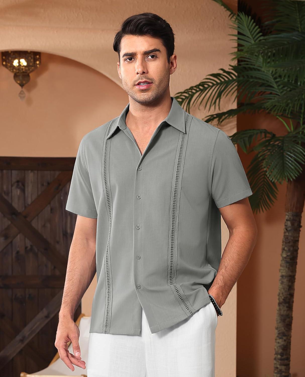 imageAlimens amp Gentle Mens Cuban Guayabera Shirts Short Sleeve Button Down Shirts for Men Summer Beach WeddingGrey