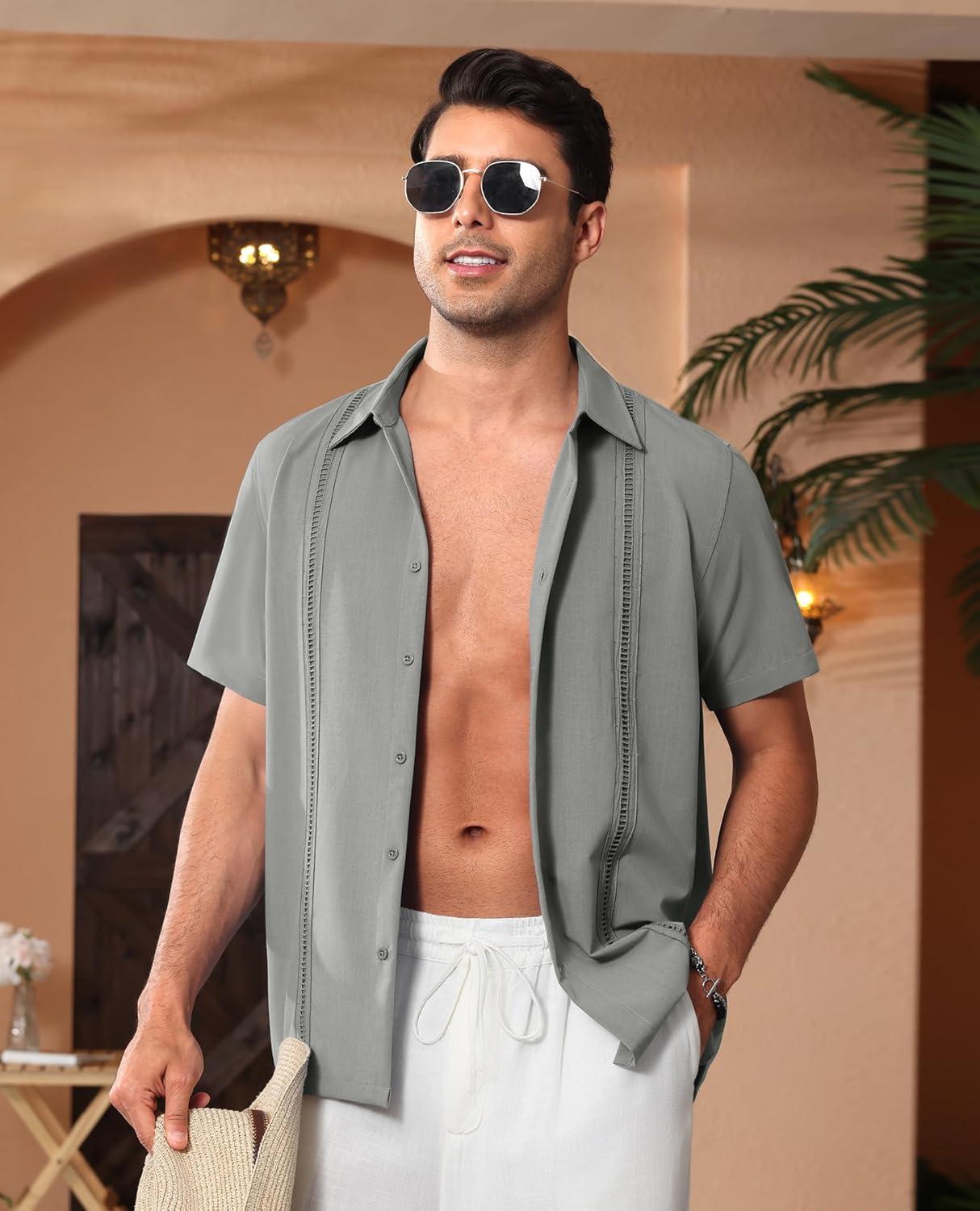 imageAlimens amp Gentle Mens Cuban Guayabera Shirts Short Sleeve Button Down Shirts for Men Summer Beach WeddingGrey