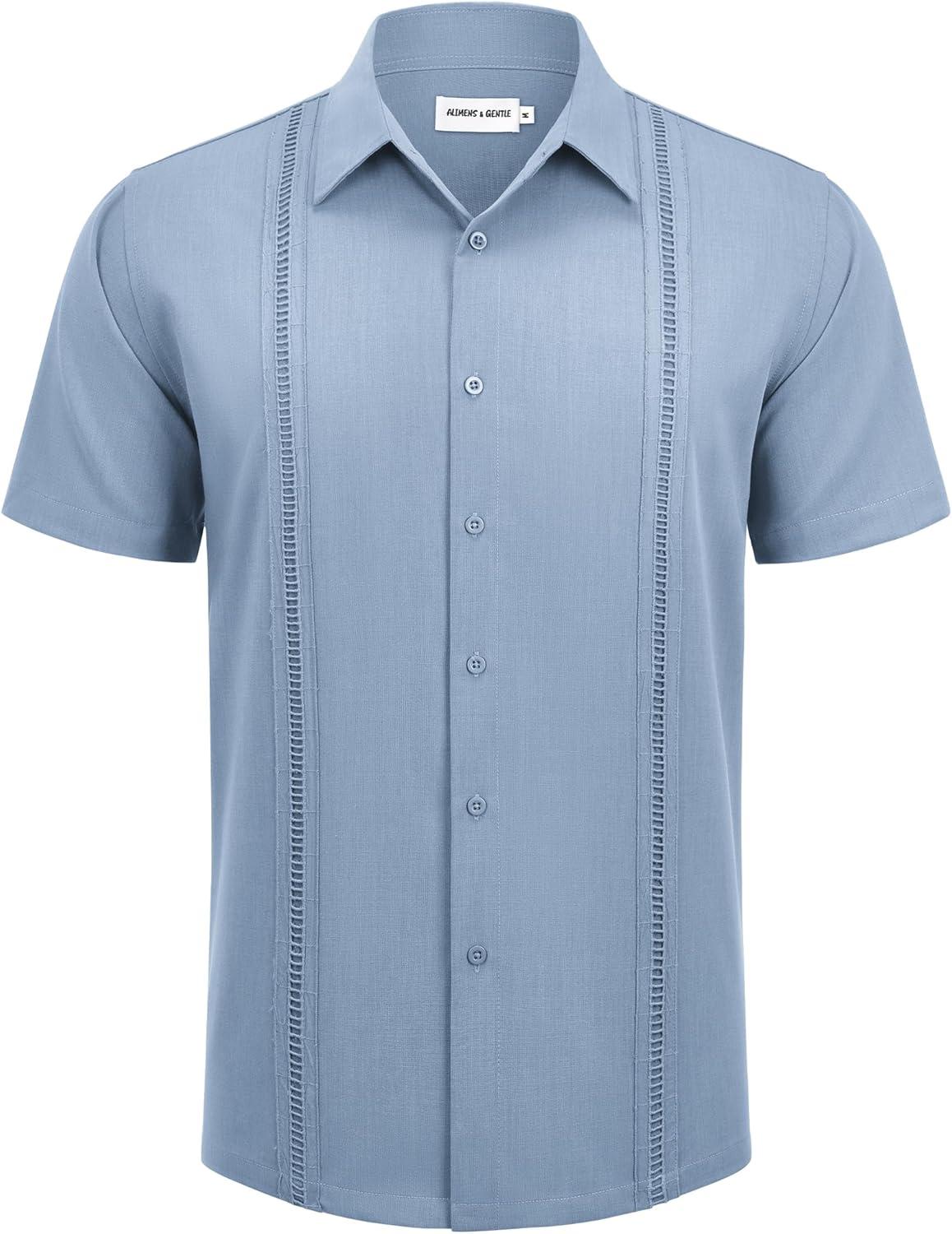 imageAlimens amp Gentle Mens Cuban Guayabera Shirts Short Sleeve Button Down Shirts for Men Summer Beach WeddingGrey Blue