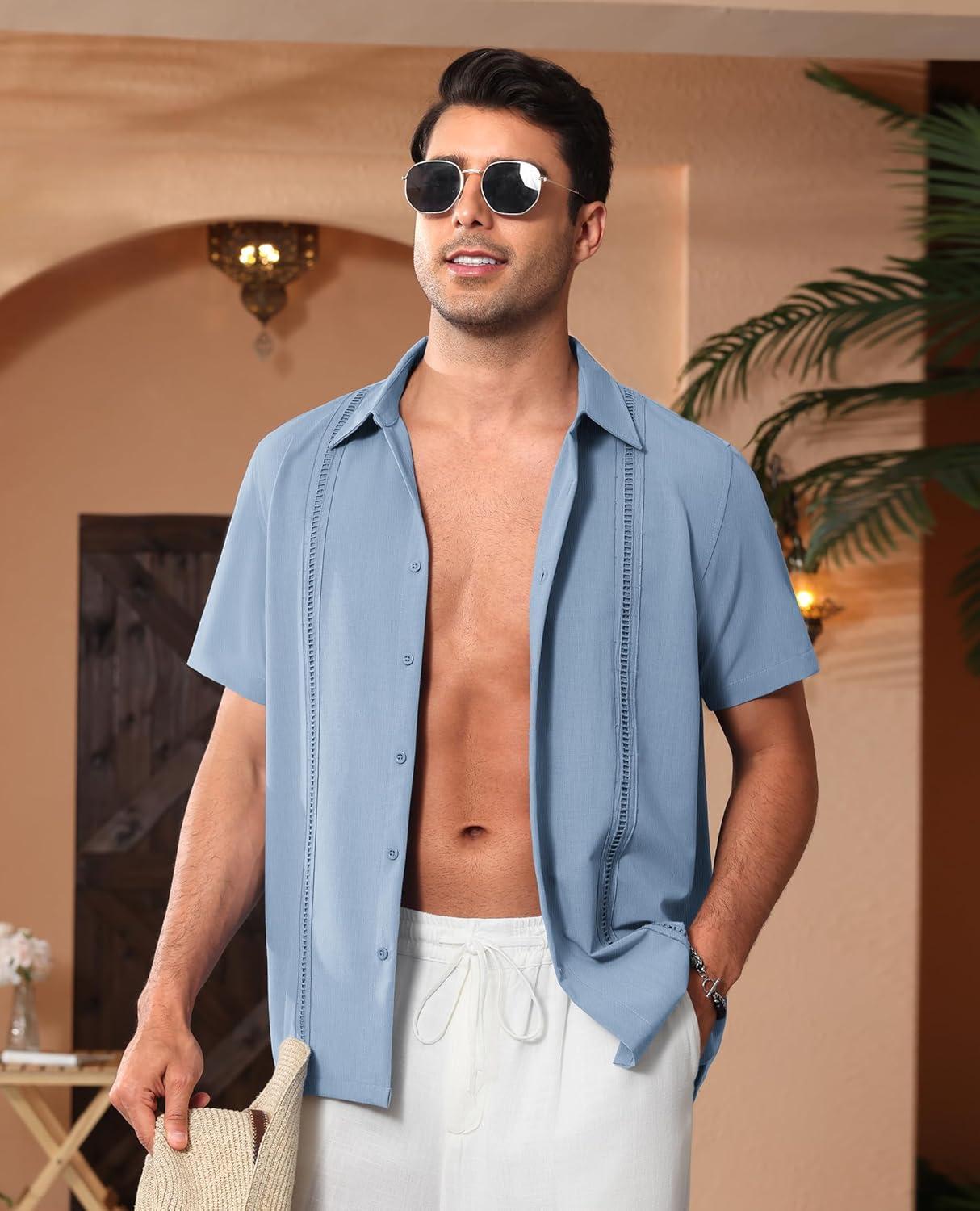 imageAlimens amp Gentle Mens Cuban Guayabera Shirts Short Sleeve Button Down Shirts for Men Summer Beach WeddingGrey Blue