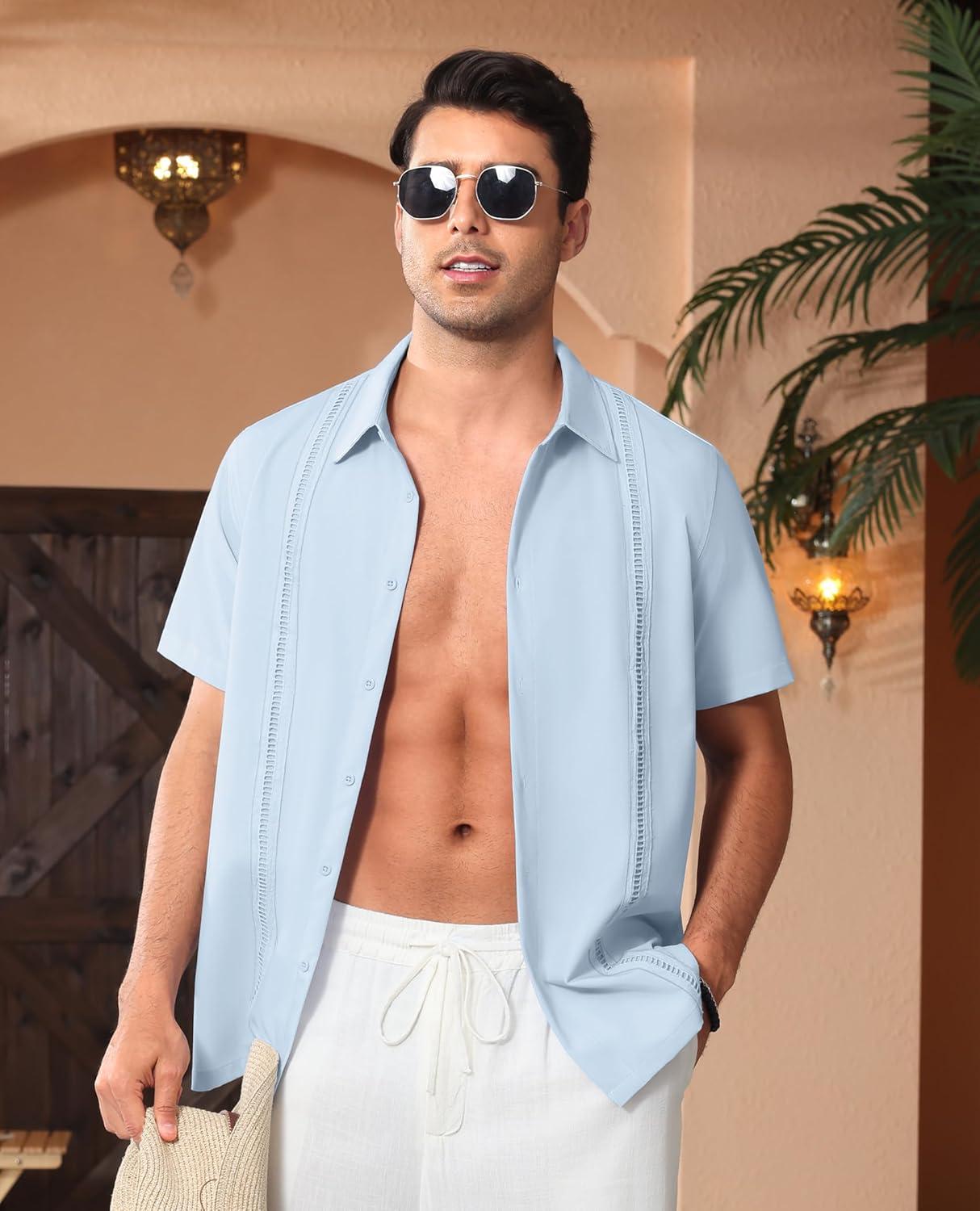 imageAlimens amp Gentle Mens Cuban Guayabera Shirts Short Sleeve Button Down Shirts for Men Summer Beach WeddingLight Blue