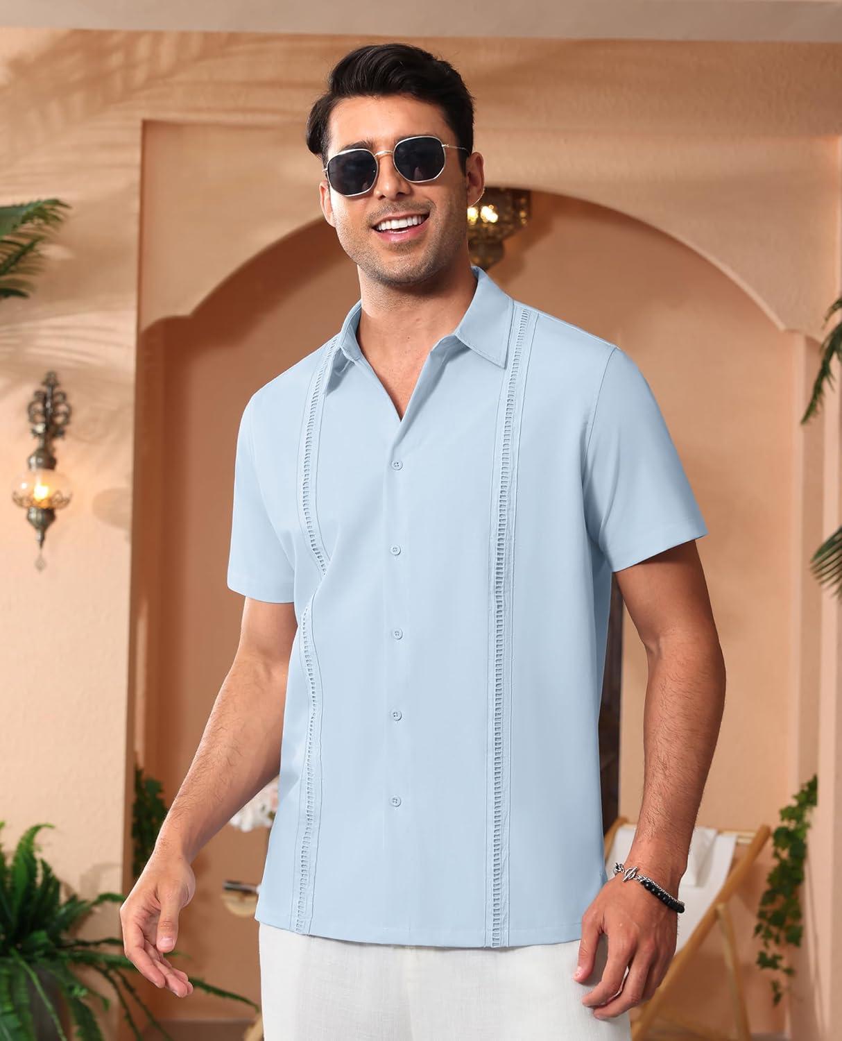 imageAlimens amp Gentle Mens Cuban Guayabera Shirts Short Sleeve Button Down Shirts for Men Summer Beach WeddingLight Blue