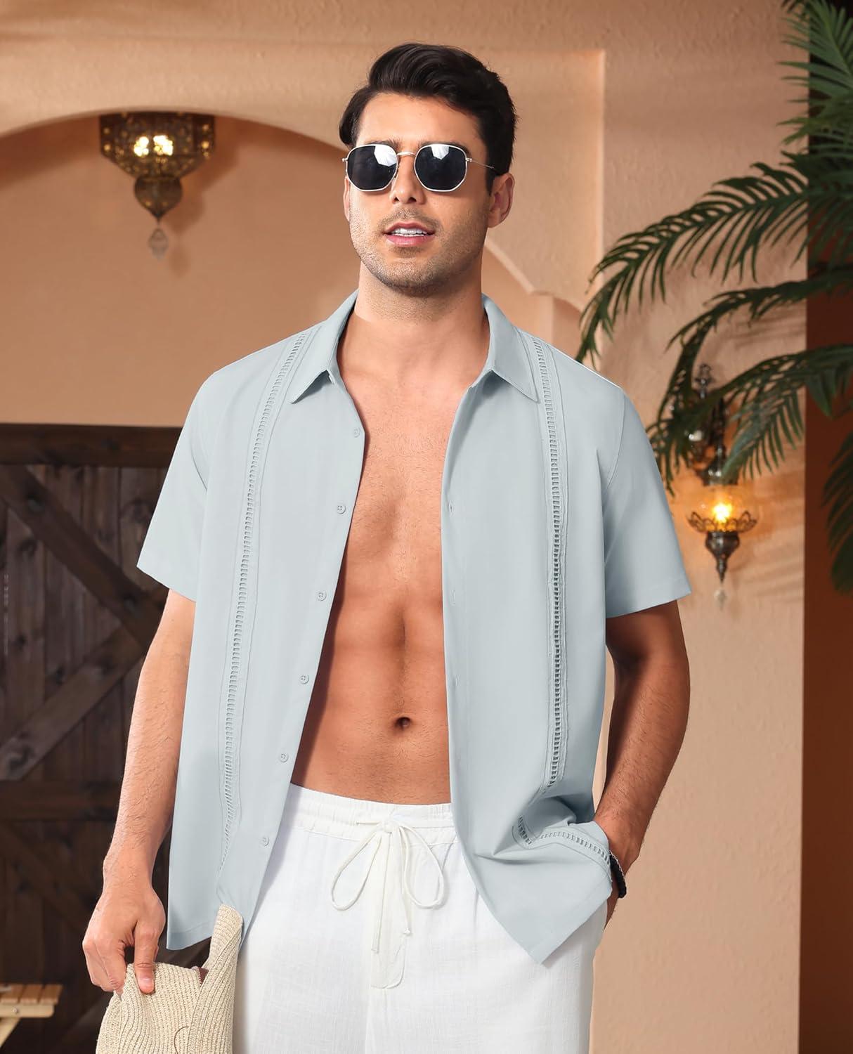 imageAlimens amp Gentle Mens Cuban Guayabera Shirts Short Sleeve Button Down Shirts for Men Summer Beach WeddingLight Grey