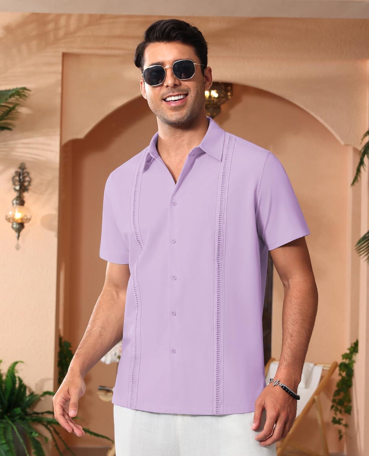 imageAlimens amp Gentle Mens Cuban Guayabera Shirts Short Sleeve Button Down Shirts for Men Summer Beach WeddingLight Purple