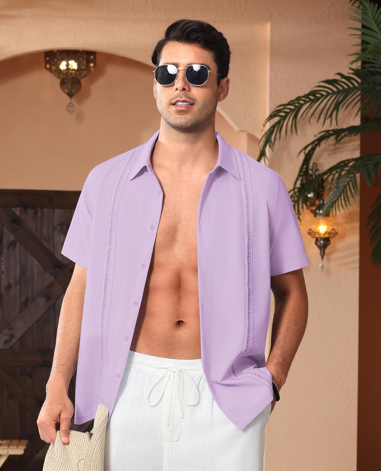 imageAlimens amp Gentle Mens Cuban Guayabera Shirts Short Sleeve Button Down Shirts for Men Summer Beach WeddingLight Purple