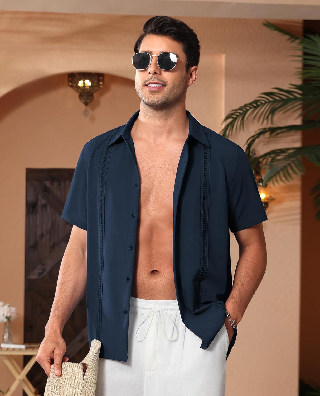 imageAlimens amp Gentle Mens Cuban Guayabera Shirts Short Sleeve Button Down Shirts for Men Summer Beach WeddingNavy Blue