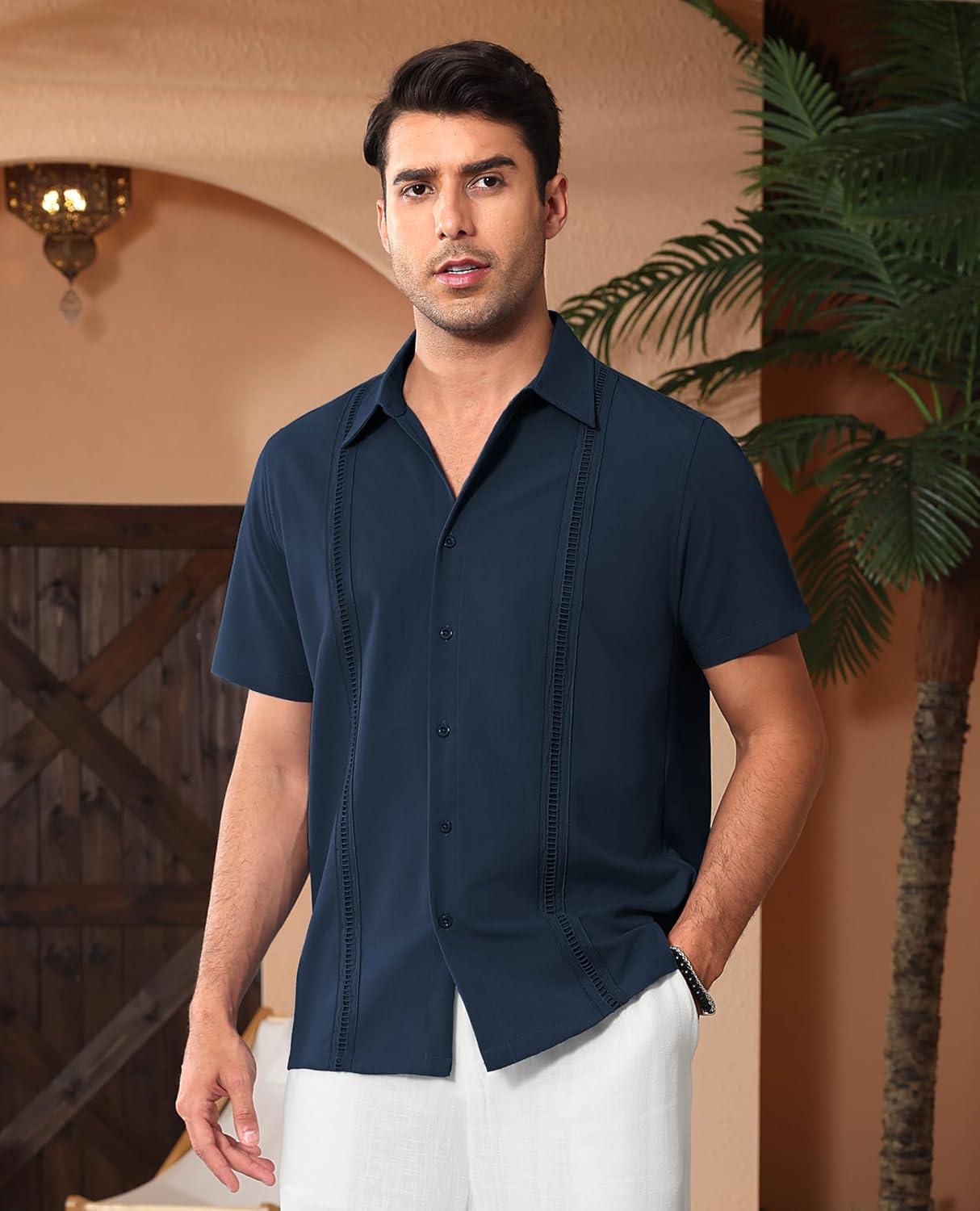 imageAlimens amp Gentle Mens Cuban Guayabera Shirts Short Sleeve Button Down Shirts for Men Summer Beach WeddingNavy Blue