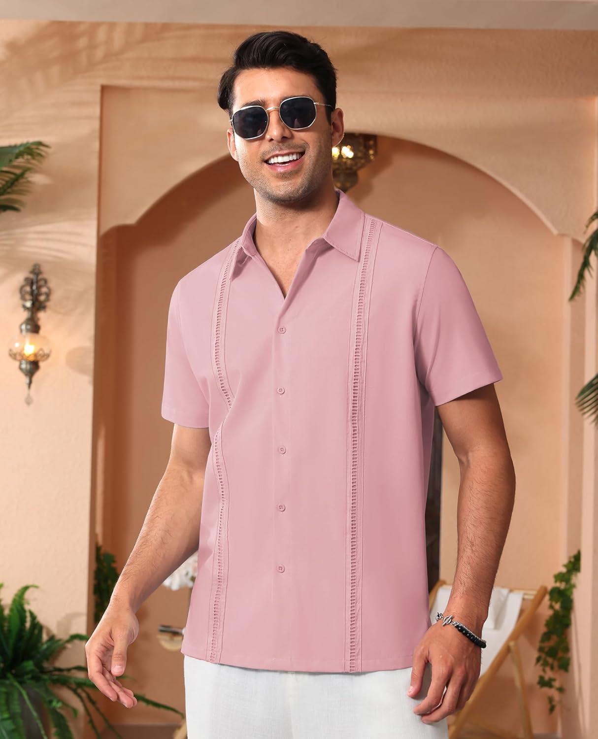 imageAlimens amp Gentle Mens Cuban Guayabera Shirts Short Sleeve Button Down Shirts for Men Summer Beach WeddingPink