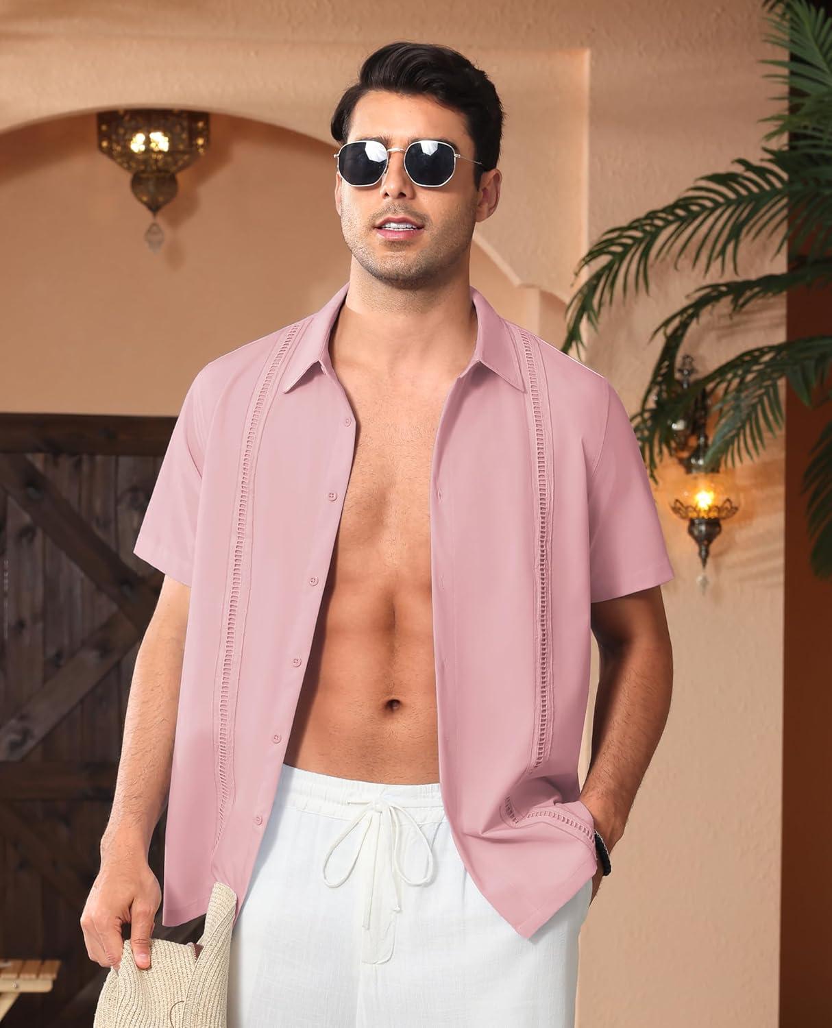 imageAlimens amp Gentle Mens Cuban Guayabera Shirts Short Sleeve Button Down Shirts for Men Summer Beach WeddingPink