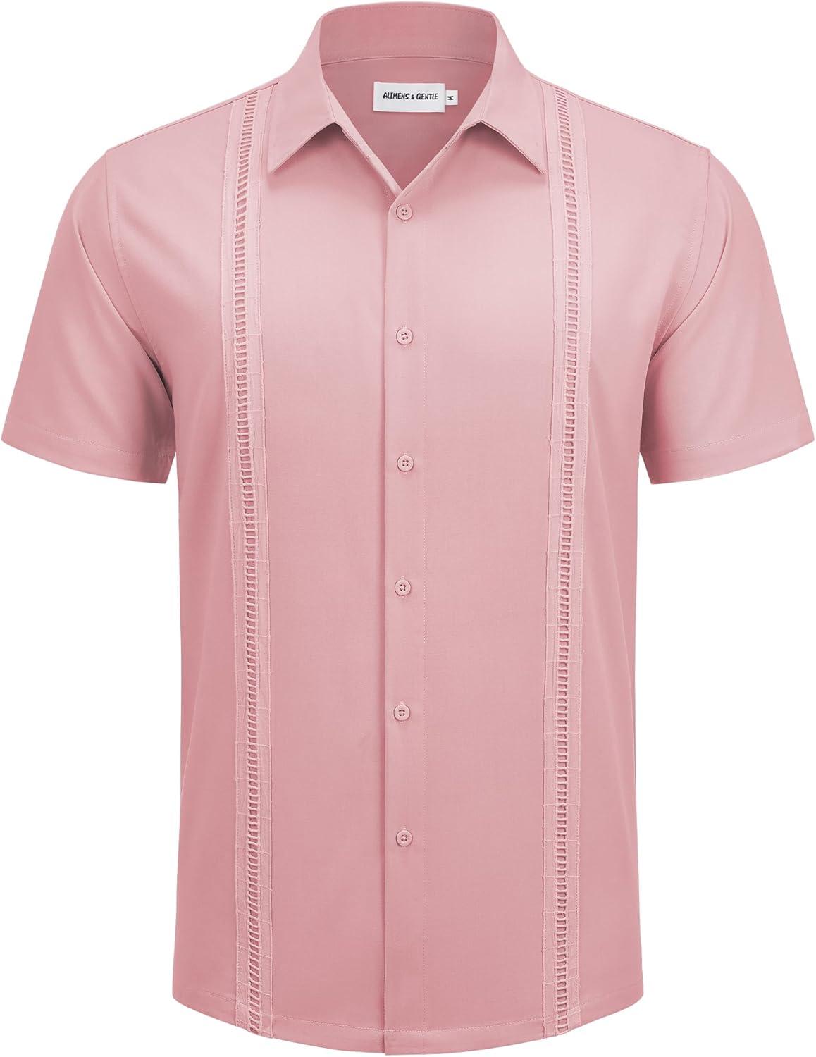 imageAlimens amp Gentle Mens Cuban Guayabera Shirts Short Sleeve Button Down Shirts for Men Summer Beach WeddingPink