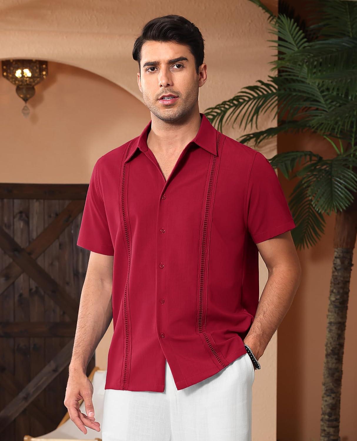 imageAlimens amp Gentle Mens Cuban Guayabera Shirts Short Sleeve Button Down Shirts for Men Summer Beach WeddingRed
