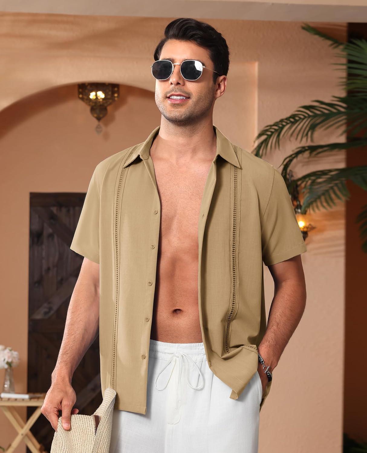 imageAlimens amp Gentle Mens Cuban Guayabera Shirts Short Sleeve Button Down Shirts for Men Summer Beach WeddingTan
