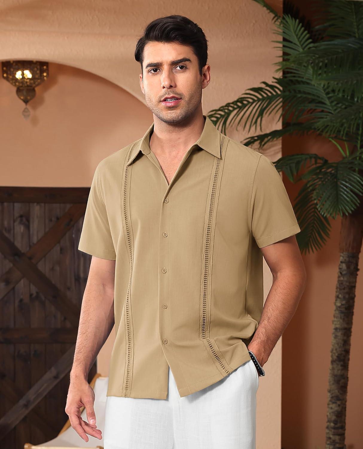 imageAlimens amp Gentle Mens Cuban Guayabera Shirts Short Sleeve Button Down Shirts for Men Summer Beach WeddingTan