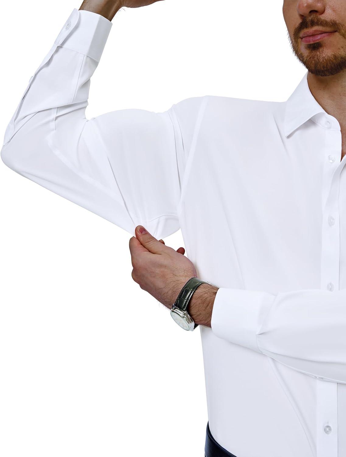 imageAlimens amp Gentle Mens Dress Shirts 4Way Stretch Long Sleeve Collared Casual Solid Wedding Dating Button Down ShirtWhite