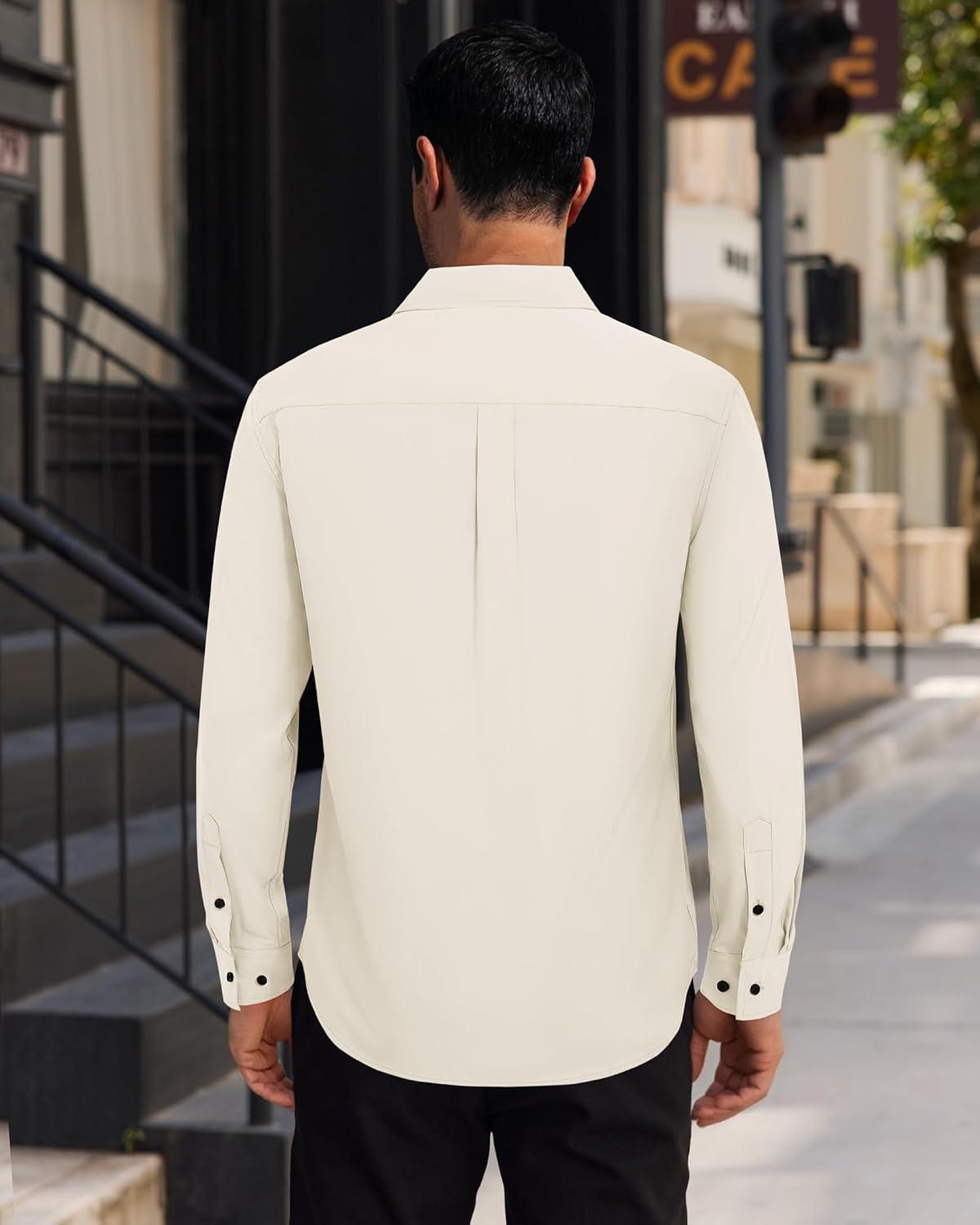 imageAlimens amp Gentle Mens Dress Shirts Long Sleeve 4 Way Stretch Solid Collared Button Down Shirt Regular Fit Formal BusinessBeige