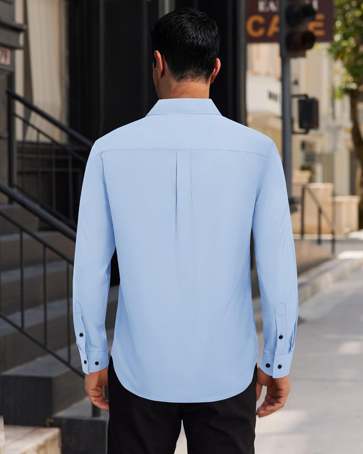 imageAlimens amp Gentle Mens Dress Shirts Long Sleeve 4 Way Stretch Solid Collared Button Down Shirt Regular Fit Formal BusinessLight Blue