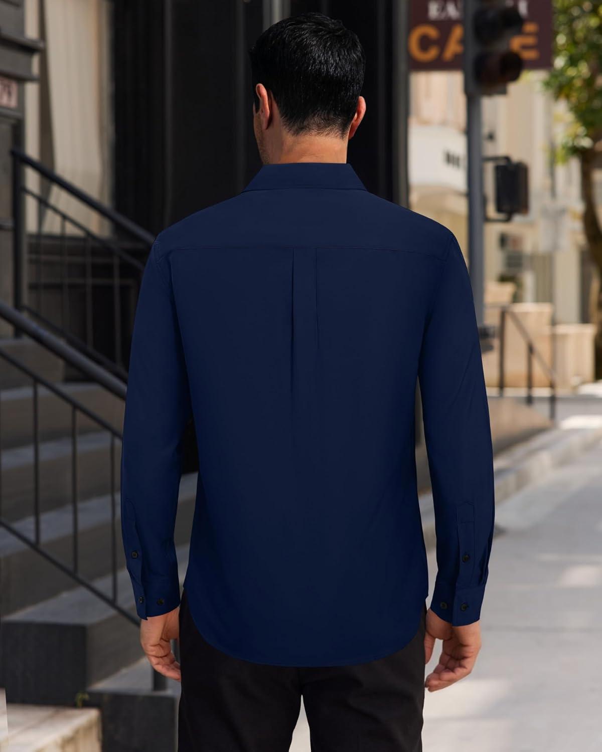 imageAlimens amp Gentle Mens Dress Shirts Long Sleeve 4 Way Stretch Solid Collared Button Down Shirt Regular Fit Formal BusinessNavy Blue