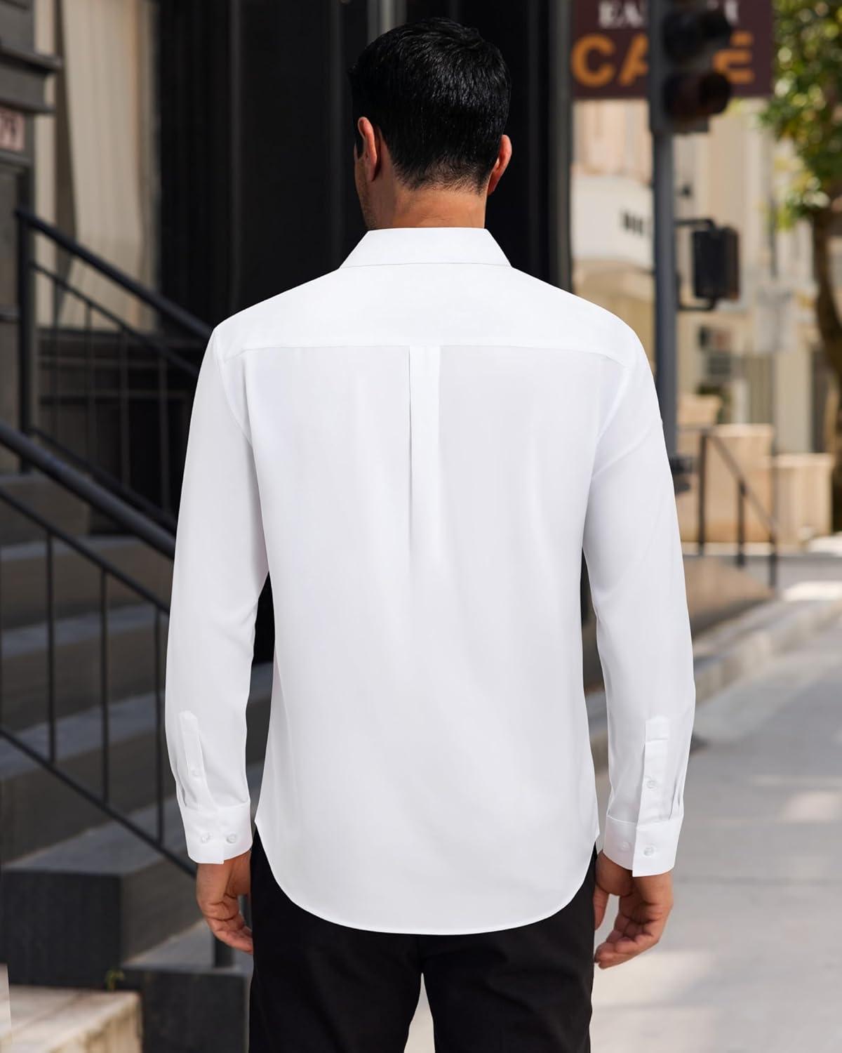 imageAlimens amp Gentle Mens Dress Shirts Long Sleeve 4 Way Stretch Solid Collared Button Down Shirt Regular Fit Formal BusinessWhite