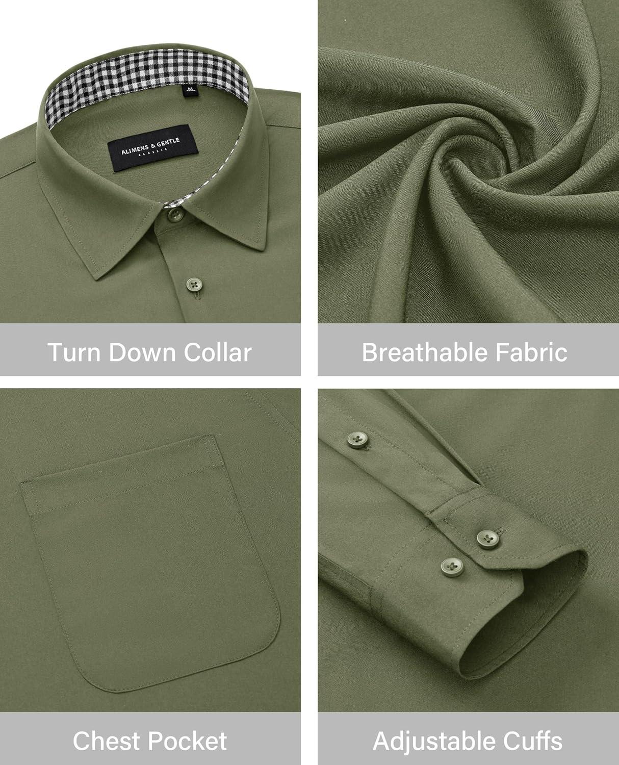 imageAlimens amp Gentle Mens Dress Shirts Long Sleeve Button Down Shirt Men Wrinkle Free Contrast Collar ShirtsArmy Green