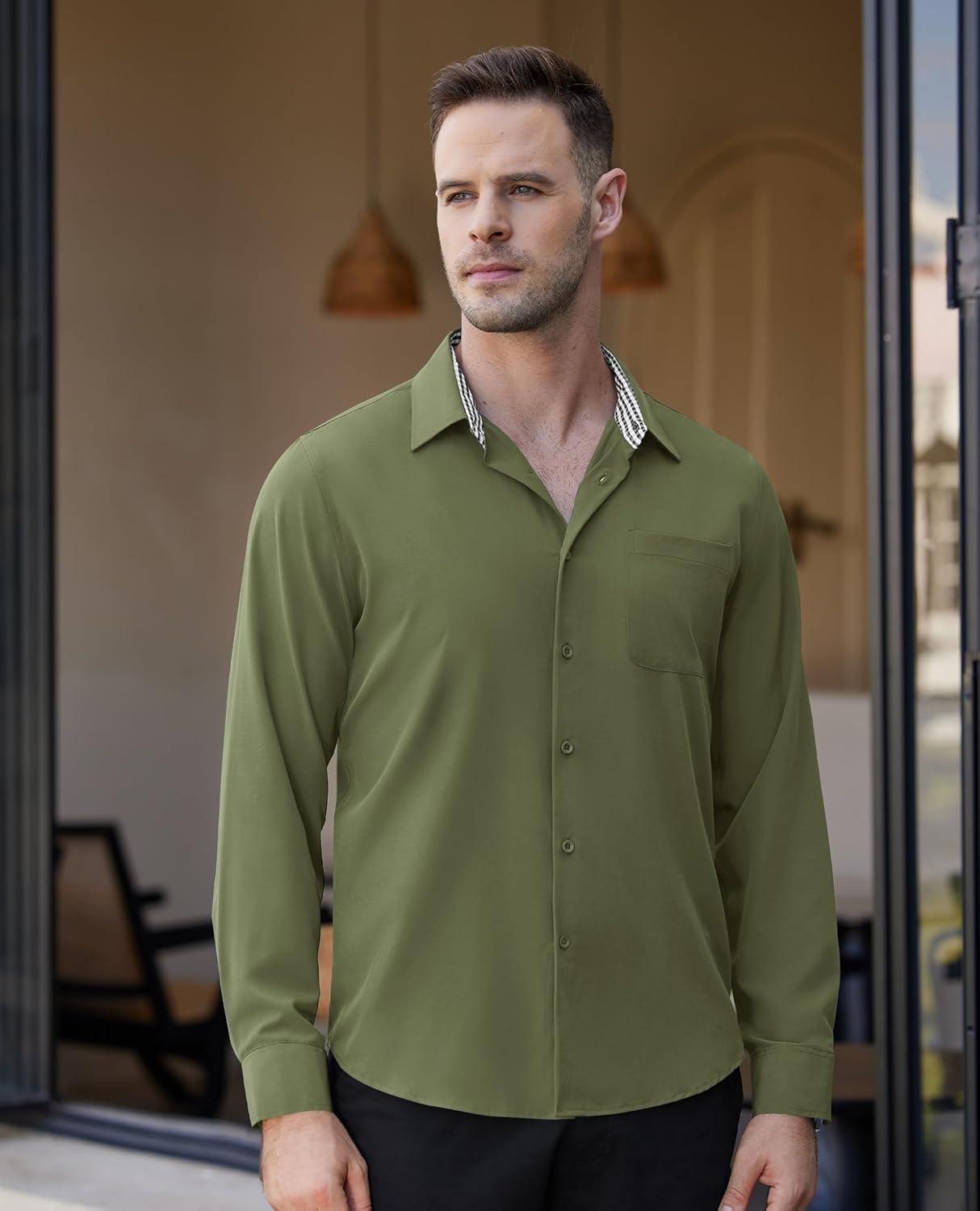 imageAlimens amp Gentle Mens Dress Shirts Long Sleeve Button Down Shirt Men Wrinkle Free Contrast Collar ShirtsArmy Green