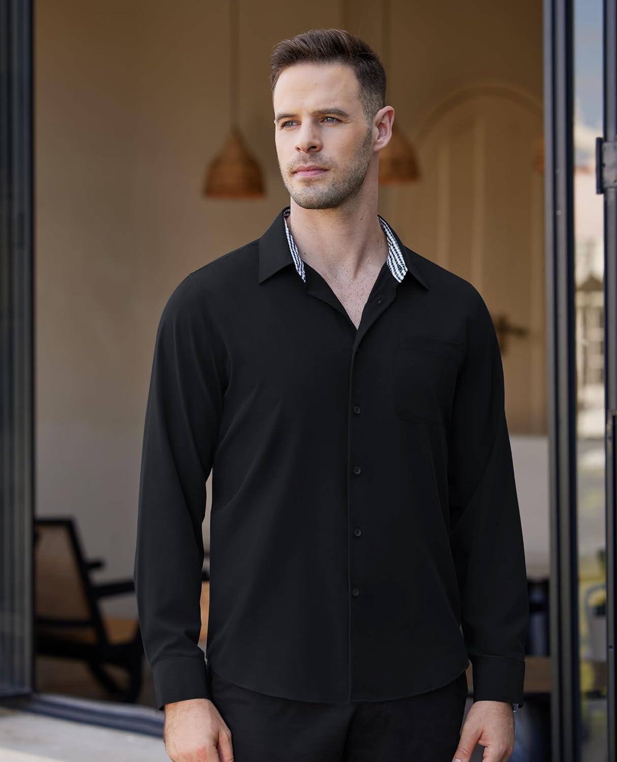 imageAlimens amp Gentle Mens Dress Shirts Long Sleeve Button Down Shirt Men Wrinkle Free Contrast Collar ShirtsBlack