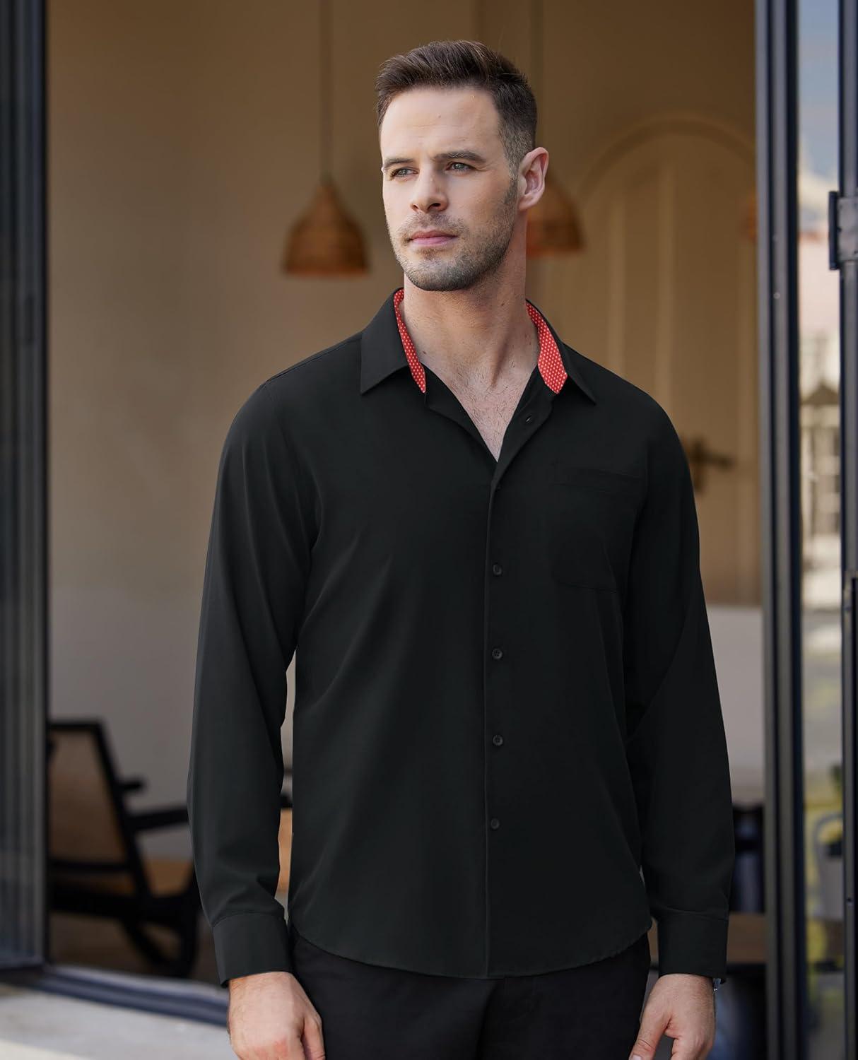 imageAlimens amp Gentle Mens Dress Shirts Long Sleeve Button Down Shirt Men Wrinkle Free Contrast Collar ShirtsBlackred Polka Dots