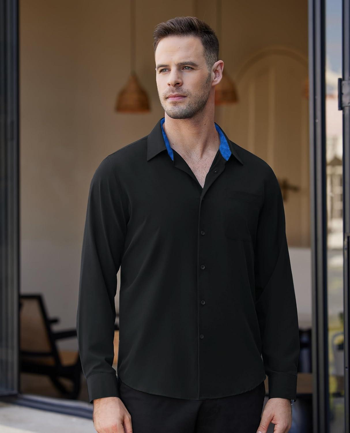 imageAlimens amp Gentle Mens Dress Shirts Long Sleeve Button Down Shirt Men Wrinkle Free Contrast Collar ShirtsBlackroyal Blue