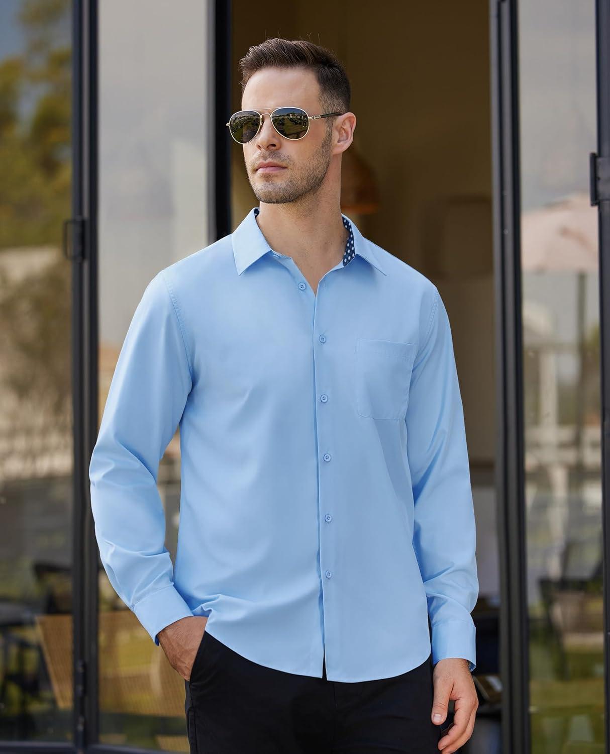imageAlimens amp Gentle Mens Dress Shirts Long Sleeve Button Down Shirt Men Wrinkle Free Contrast Collar ShirtsBluepolka Dots