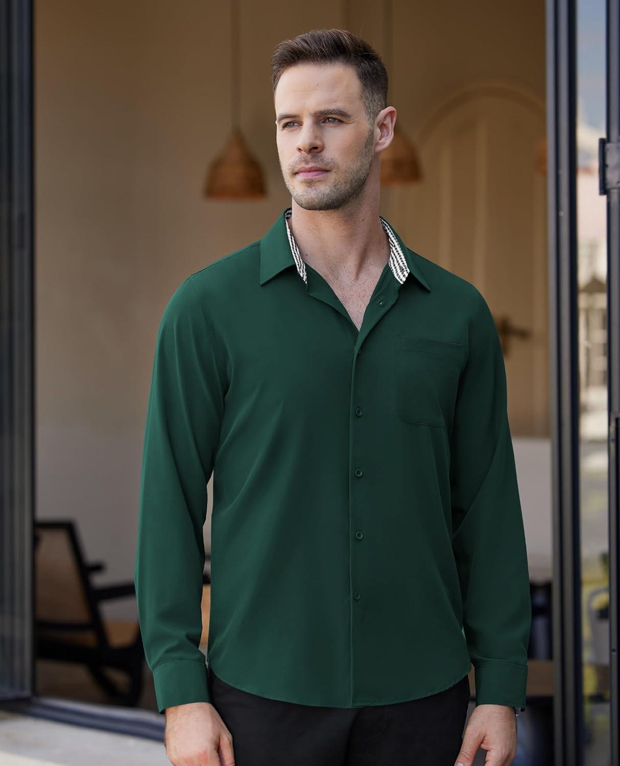imageAlimens amp Gentle Mens Dress Shirts Long Sleeve Button Down Shirt Men Wrinkle Free Contrast Collar ShirtsDark Green