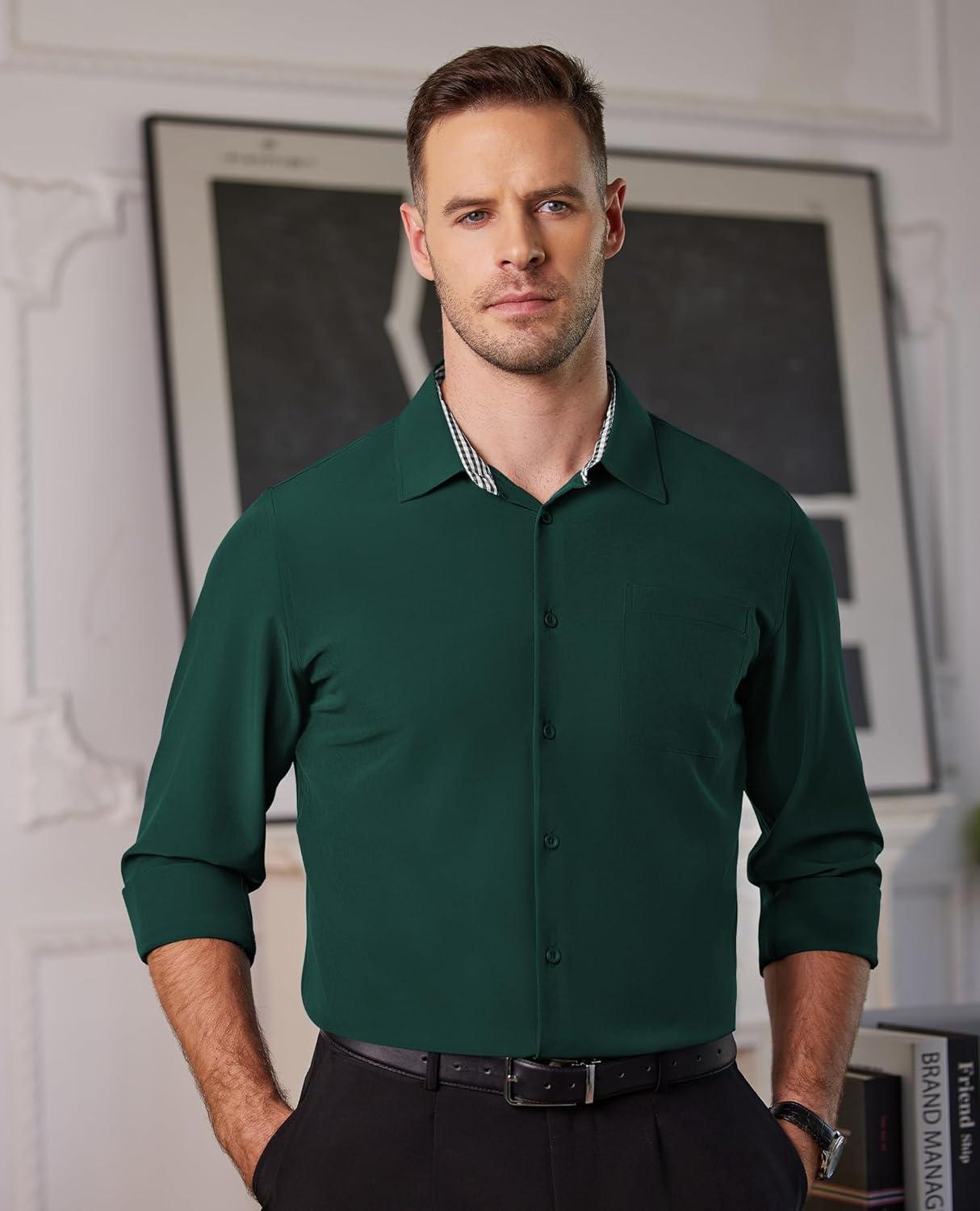 imageAlimens amp Gentle Mens Dress Shirts Long Sleeve Button Down Shirt Men Wrinkle Free Contrast Collar ShirtsDark Green