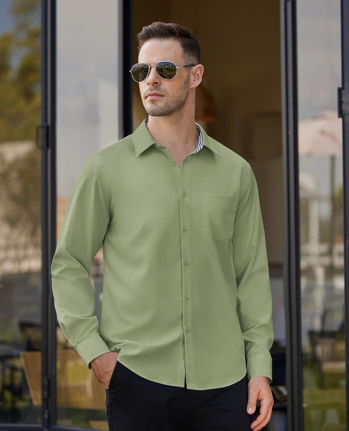 imageAlimens amp Gentle Mens Dress Shirts Long Sleeve Button Down Shirt Men Wrinkle Free Contrast Collar ShirtsGreen