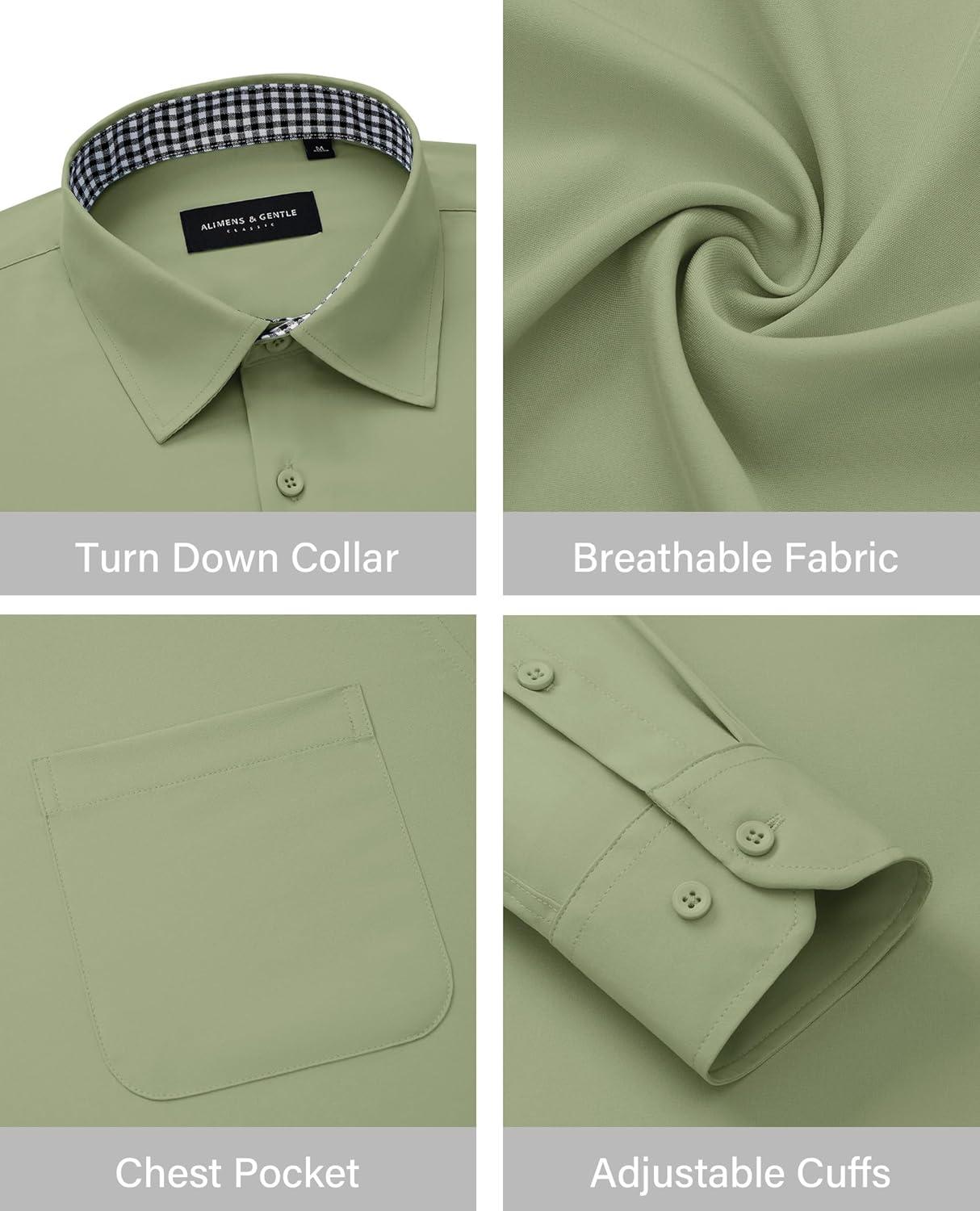 imageAlimens amp Gentle Mens Dress Shirts Long Sleeve Button Down Shirt Men Wrinkle Free Contrast Collar ShirtsGreen