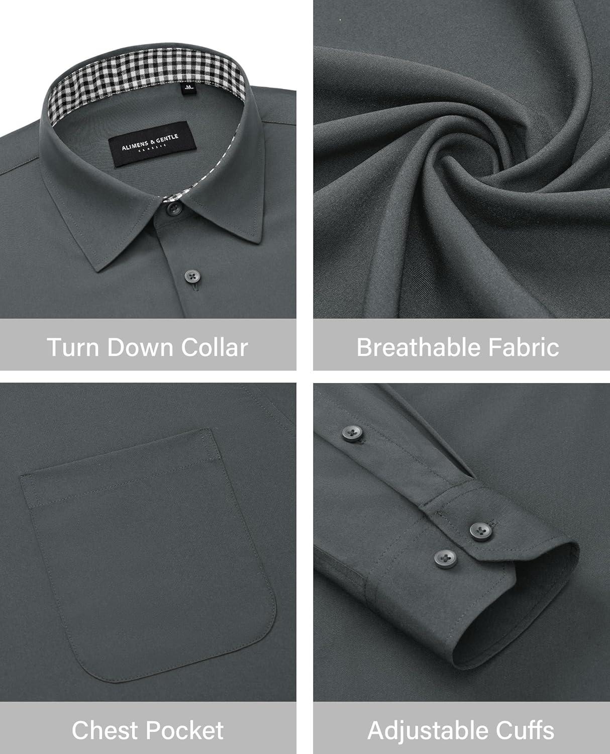 imageAlimens amp Gentle Mens Dress Shirts Long Sleeve Button Down Shirt Men Wrinkle Free Contrast Collar ShirtsGrey