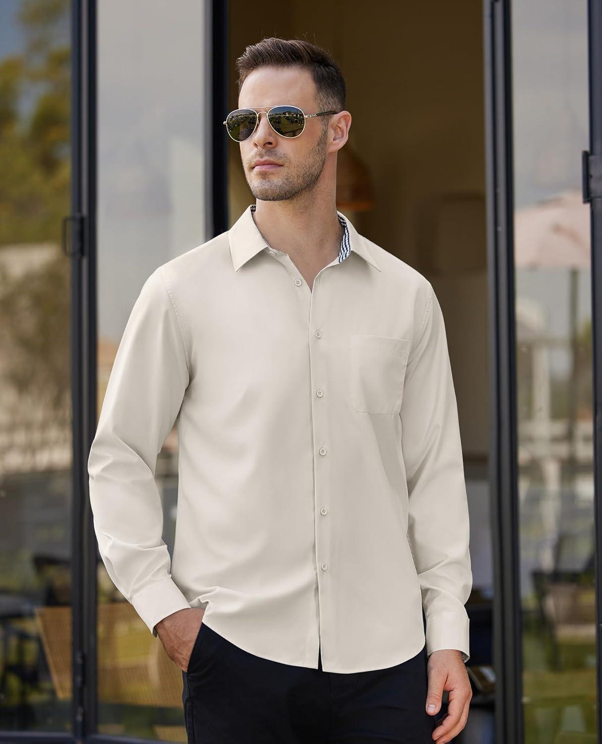 imageAlimens amp Gentle Mens Dress Shirts Long Sleeve Button Down Shirt Men Wrinkle Free Contrast Collar ShirtsIvory Purple